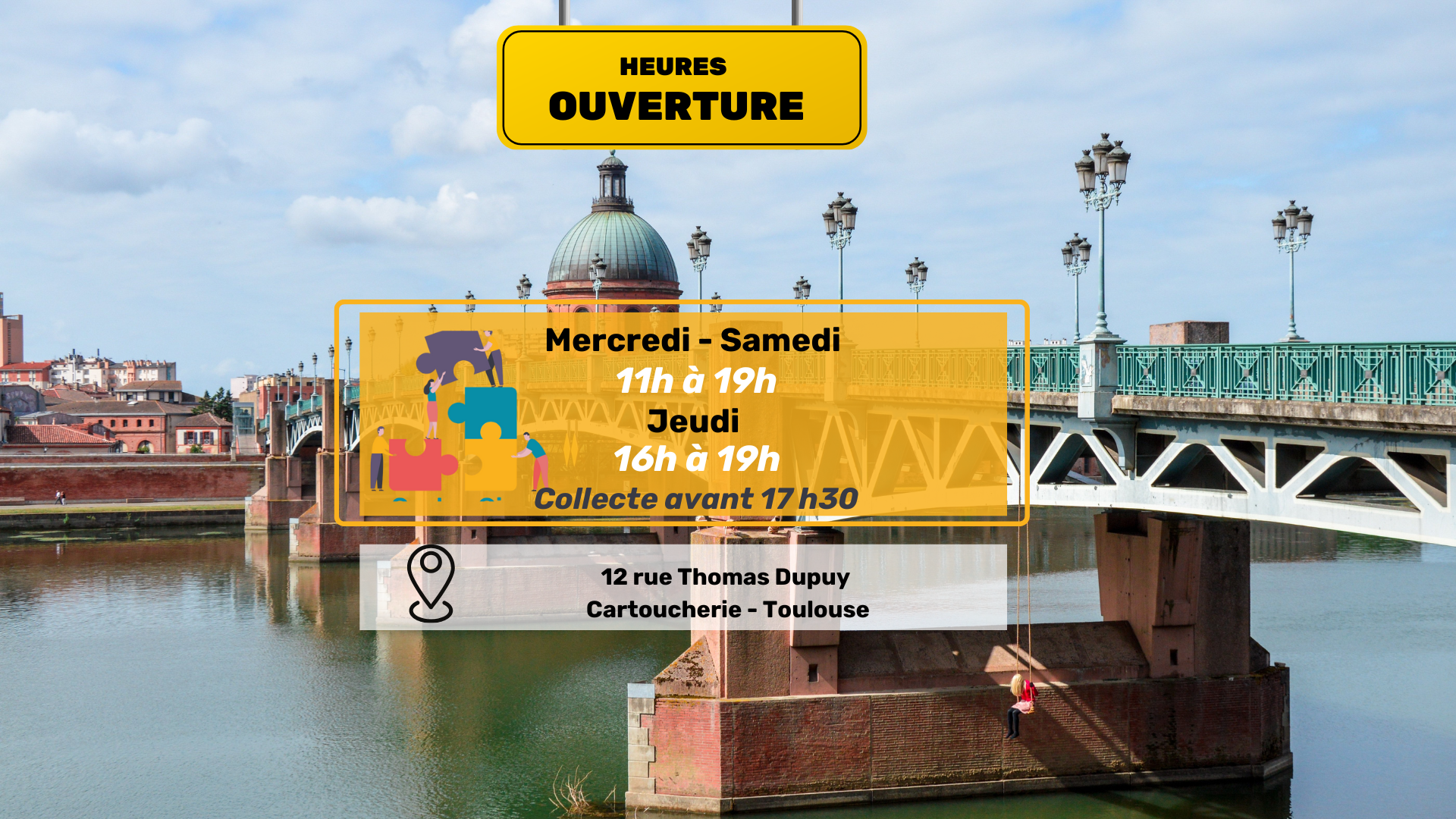 Heures d'ouverture : mercredi et samedi de 11h à 19h 
jeudi de 16h à 19h
Collecte avant 17h30